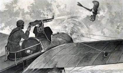 Första världskriget: "den franske flygaren Jules Vedrines (1881-1919) ombord på sin Bleriot skjuter ner ett tyskt flygplan Taube, 2/09/1914" (WWI: the french aviator Jules Vedrines on his Bleriot aeroplane sends down a Taube with his machine gun, 2nd Septe