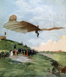 Första glidtestet av Otto Lilienthal (1848-1896), en tysk ingenjör, på hans flygplan 1894
