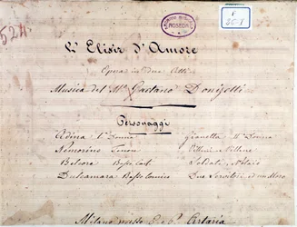 Första sidan med noter till The elixir of love, opera av Gaetano Donizetti