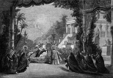 Första föreställning på operaen i Paris 1863 av Hector Berlioz opera "Les Troyens". 5:e akten: Didons död.