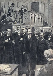 Första sammanträdet i deputeradehuset vald 1898: Paul Deschanel (1855-1922), ordförande för deputeradekammaren. Paul Adolphe Granier de Cassagnac (1842-1904), Lucien Millevoye (1850-1918), Paul Deroulede (1846-1914), Jacques Piou (1838-1932), Eugen
