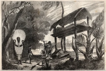 Första resan (1768-1771) av kapten James Cook (1728-1779): en fia-toka (fia toka), gravbyggnad på Tahiti - illustration hämtad från "" The Great Mariners of the 18th century""