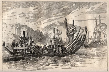 Första resan (1768-1771) av kapten James Cook (1728-1779): Tahiti-flottan samlades i Oparee - illustration hämtad från "The Great Mariners of the 18th century""