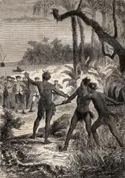 Första resan (1768-1771) av kapten James Cook (1728-1779): medan Cook och tio sjömän seglar på Nya Guinees meridionalkust, reste sig tre indianer upp ur skogen med stora skrik - illustrationen hämtad från "The Great Mariners of 1700-talet""