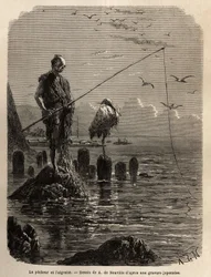 Fiskare från Yedo Bay (eller Edo, dagens Tokyo), gripen av en örn, ett lågt sto, lägger båtarna fiskarna på stenblock som lagts torra i bukten, de senare förblir raka, orörliga och fiskar med hamecon av fisken som de glider i en lång