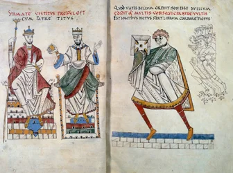 Flavius Josephe (ursprungligen Yossef ben Matityahu, grekisktalande judisk historiker (37-100) erbjuder sin bok till kejsarna Titus och Vespasianus. Miniatyr hämtad från "" De Bello Judaico (Judarnas krig) "" (folio 2 och 3)