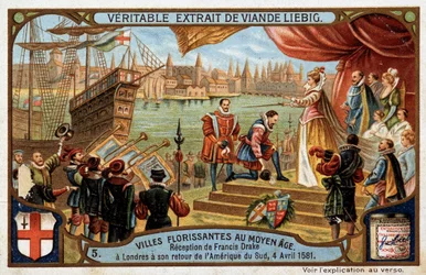 Medeltidens blommande städer: mottagande av Francis Drake (1542-1596) i London (England), när han återvände från Sydamerika, den 4 april