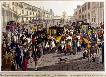 Fontainebleau. Napoleon Bonapartes avgång till ön Elba. 20/04/1814. Gravyr av 1800-talet.