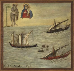 Tidigare voto (ex voto) sjöman, populärt erbjudande som ett löfte om hängivenhet och tacksamhet för sjömannen som överlever till farorna med havet som kommer från kyrkan Carmine, Torre del Greco, nära Neapel 1638 Italien