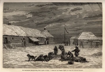 Fort Saint-Michel (Saint Michel), engelsk besittning vid den tiden, i Nortonbukten. Gravyr för att illustrera resan och äventyren i engelska Colombia, Vancouver Island och Alaska, av Frederick Whymper