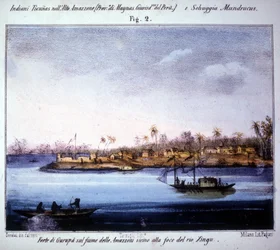 Gurupàs fästning vid Amazonfloden, nära Rio Xingus mynning i Ecuador. Gravyr från 1846 - 1848.