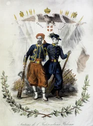Frankrike och Piemonte, anhängare av italiensk självständighet - coul. gravyr