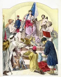 Frankrike, under Mariannes drag, omgivet av sina personifierade kolonier - i "Histoire de France"", av E. Grobet, ca. 1915