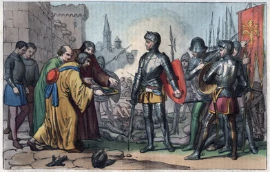 Francesco Ferrucci (1489-1530) tar emot nycklarna till staden Volterra - gravyr ur "Usi e Costumi di Tutti i Popoli dell