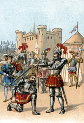 Frans I av Frankrike begär att bli adlad av Chevalier Bayard efter seger i slaget vid Marignano, Italien