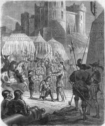 Frans I av Frankrike begär att bli adlad av Chevalier Bayard efter seger i slaget vid Marignano, Italien