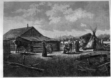 Fransk-kanadensiska Metis Village i Kanada. Gravyr i "The Journal of Youth"
