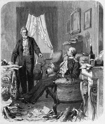 Fransk-preussiska kriget (1870-1871) intervju mellan greve Bismarck och M. Jules Favre, september 1870 - politisk intervju mellan förbundskansler Bismarck (1815-1898), Jules Favre (1809-1880) i Versailles i Madame Jesses hus - gravyr från 1800-talet