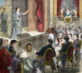 Francois-Joseph (Francois Joseph) Talma (1763 - 1826), fransk komiker, spelar "The Death of Cesar", tragedi i tre akter från Voltaire till Erfurt (erfurth) inför en parterr av kungar bestående av Napoleon I och Alexander I, tsar av Ryssland (1777-1825). En
