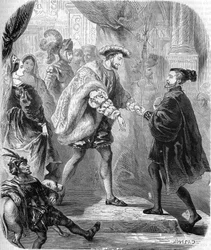 Francois 1:a, kung av Frankrike (1494-1547) och Karl V (1500-1558) träffades på Chateau de Chatellerault i januari 1540. I "" Histoire populaire de la France"", nd. ca 1885. Gravyr.