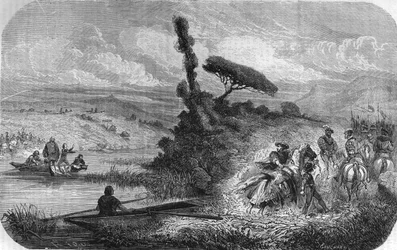 Francois 1:a utbyte för sina två söner som gisslan på Bidassoa 17/03/1526. I ""Frankrikes populära historia"", nd. ca 1885. Gravyr.
