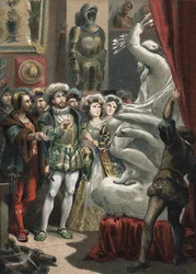 Francois I (1494-1547), kung av Frankrike, vid den italienske skulptören Benvenuto Cellini (1500-1571) gravyr från 1881 i "" Skönhetskulten"" av Juan Justo Huguet, Molinas Hermanos editores
