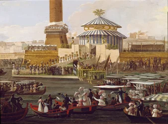 Frans I av Bägge Sicilierna (1777-1830) och hans hustru Maria Isabella av Spanien (1789-1848) vid en ceremoni i Neapels arsenal. Anonym målning från 1800-talet - Neapel, Museo Nazionale di San Martino