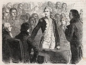 Franska revolutionen: general Gilbert du Motier de La Fayette (1757-1834) avsäger sig befälet över nationalgardet - gravyr i "Le Monde Illustré"