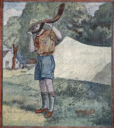 Fransk scout blåser rally på ett läger i Ungern (fransk scout) Illustration från "Le pelerin" 20/8/1933 Privat samling