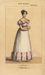 Franska skådespelerskan Louise-Charlotte-Theophile-Delphine Escoffie eller Mlle Mante som Laure i pjäsen L’Education ou les Deux Cousines av Casimir Bonjour på Theatre Francais