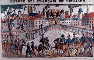 Fransk armé gick in i Belgien för att stödja Belgiens självständighet i oktober 1830 (Gravering)