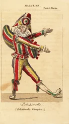 Den franska komiska dansaren och mimaren Charles-Francois Mazurier som Polichinello i Polichinelle Vampire av Theodore de Banville på Theatre de la Porte Saint-Martin