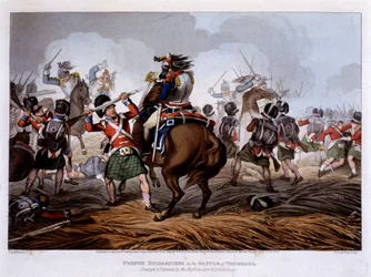 Franska curassiers i Waterloo - i "" Historiska, militära och marina anekdoter och incidenter som anlände till Storbritanniens och deras allierades vapen och slutade i Waterloo"" - av Edward Orme, ill. av Fry, London