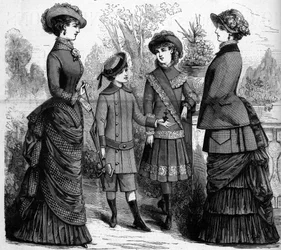 Franskt feminint och barnmode på 1800-talet. Annonsering av 1882. Gravyr i "" The Illustrous World"" nr 1302 av 11 mars 1882.