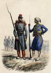 Fransk militäruniform: Till vänster en främlingslegion som bildades och sändes till Algeriet 1831. Till höger inhemska ryttare, utbildade och sända till Algeriet 1841. I L