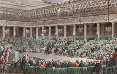 Franska revolutionen - Nationalförsamlingen avsäger sig alla privilegier, 4 augusti 1789, graverad av Helman - i Versailles, sammanträdet natten mellan den 4 och 5 augusti 1789