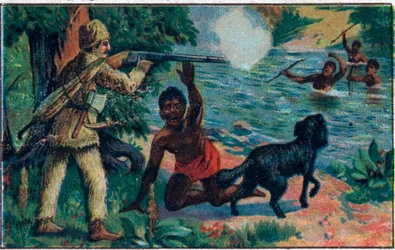 Fredagens förlossning. Illustration till Daniel Defoes bok (De foe) "" Robinson Crusoe"". Kromolitografi från slutet av 1800-talet.