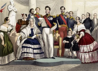 Från 1830 till 1848. Prinsessan Marie, Marie Amélie, Louis Philippe 1:a, greven av Paris, hertigen av Chartres och prinsessan Hélène. Gravyr av 1800-talet.
