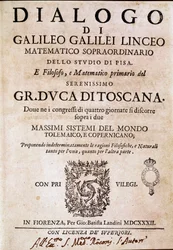 Frontispice of “” Dialogue on the Two Great Systems of the World”” (dialogo sopra i due massimi sistemi del mondo) beställd av påven Urban VIII till astronomen och fysikern Galileo Galilei dit Galilee (1564-1642) omkring 1620 och publicerad 1632 . Det