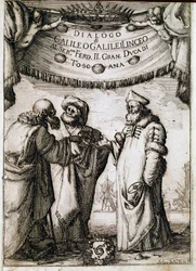 Frontispice of “” Dialogue on the Two Great Systems of the World”” (dialogo sopra i due massimi sistemi del mondo) beställd av påven Urban VIII till astronomen och fysikern Galileo Galilei dit Galilee (1564-1642) omkring 1620 och publicerad 1632 . Det