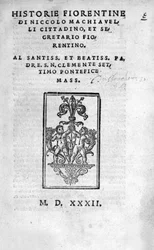 Frontispice of "" Historie Fiorentine av Niccolo (av Bernardo dei) Machiavelli (Nicolas Machiavel