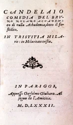 Frontispice of "" Il candelaio"" (Ljusstaken) av Giordano Bruno (1546-1600), italiensk filosof och teolog. 1582