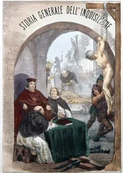Frontispice of the General History of the Inquisition av Pietro Tamburini med en illustration som visar scener av symbolisk inkvisition. Milano 1850.