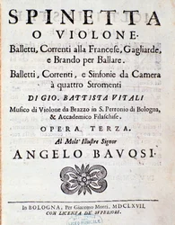 Frontispice av partitur av Baletter, Franska strömningar opus 3 av Giovanni Battista Vitali (litho)