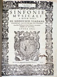 Frontispice av musikaliska partitur av symfonier av Ludovico Viadana