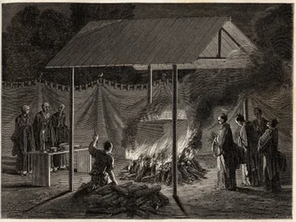 Begravningsceremonier: rituell förbränning. Gravyr för att illustrera resan till Japan 1863-1864, av Aime Humbert, minister för Schweiziska edsförbundet, i "Le tour du monde, nouveau journal des voyages", publicerad under ledning av Edouard Charton