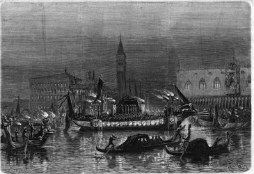 Begravning av Daniele Manin (1804-1857), som deltog i Risorgimento, i Venedig: bårhusgondolen som bär askan mot kyrkan St. Zacharia passerar framför det kungliga palatset. Gravyr i "" The Illustrious Universe""