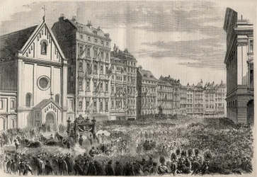 Begravning av kejsar Maximilian I av Mexiko (1832-1867): ankomst av begravningscortegen framför Kapucinerkyrkan i Wien. Gravyr i "" L