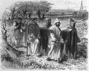 Begravning av Isabeau (Isabelle, Elisabeth) av Baviere, Frankrikes drottning (1371-1435). Gravyr av 1800-talet.