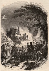 Begravning av en hövding Germain i antiken: hans kropp bränns med sina vapen och sin häst. Gravyr från 1868 i "Histoire de Belgique från primitiv tid till slutet av Leopold I:s rege"" av Theodore Juste (1818-1888). Privat samling.